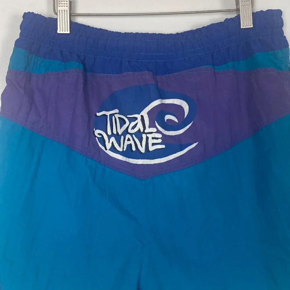 Vintage Tidal Wave Baggy Swim Trunks Mens Medium Blue Purple Mesh Liner Shorts